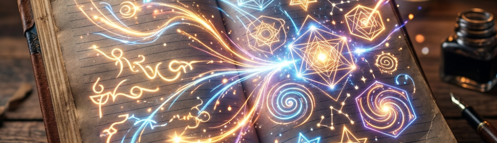 Open aged book with glowing magical runes, stars, and spirals emitting light